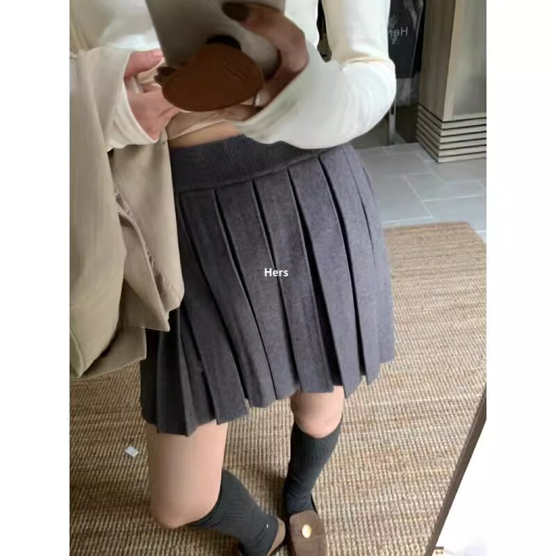 dark gray elastic waist versatile A- line pleated skirt women's spring and autumn high waist slimming high-end knitted skirt