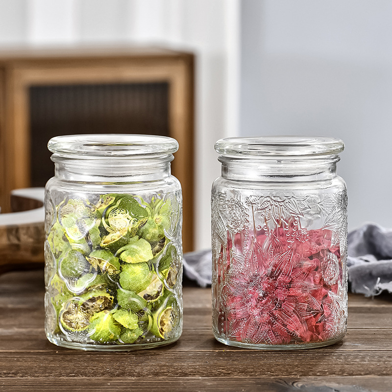 Retro en relieve de vidrio almacenamiento lata de azúcar a prueba de humedad casera frutas secas bocadillos botella de sellado lata de té de vidrio lata de sellado