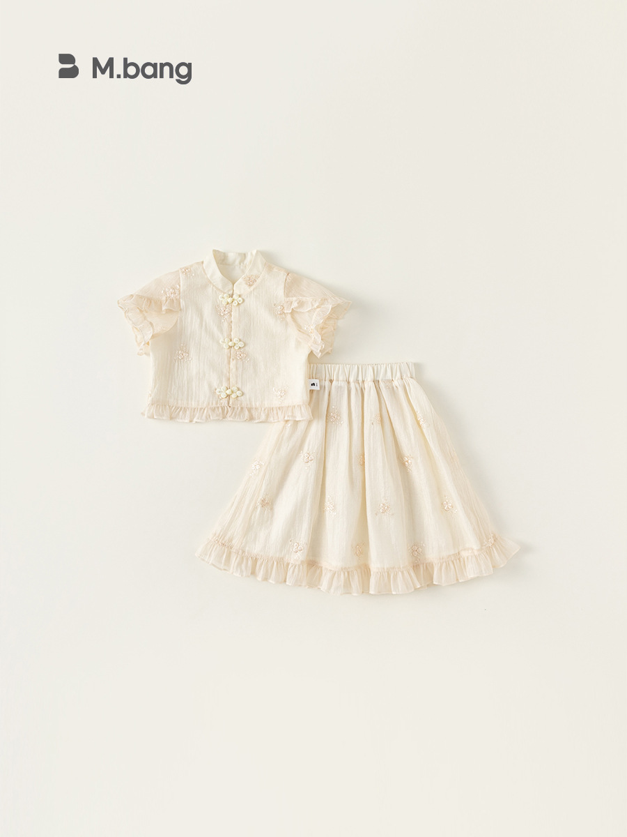 Bangchoan ropa infantil set de estilo nacional de verano, camiseta de hebilla, media falda, niñas dos sets de ropa de estilo antiguo para niños