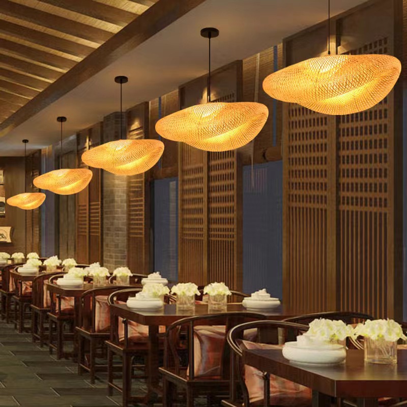 Lámpara de araña tejida de bambú nueva combinación de Arte de bambú tejida a mano China creativa restaurante personalizado B & B salón de té Zen lobby lámpara barco