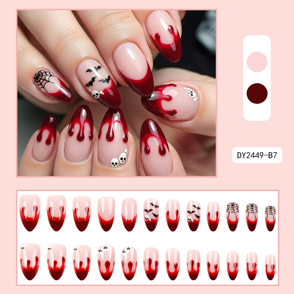 Transfronterizos Halloween gota de sangre manicure francesa murciélago oscuro viento caliente chica usar uñas 24 piezas de parche de uñas lote mixto