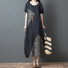 短袖连衣裙女2023夏装新款韩版宽松大码显瘦复古棉麻A字中长裙子