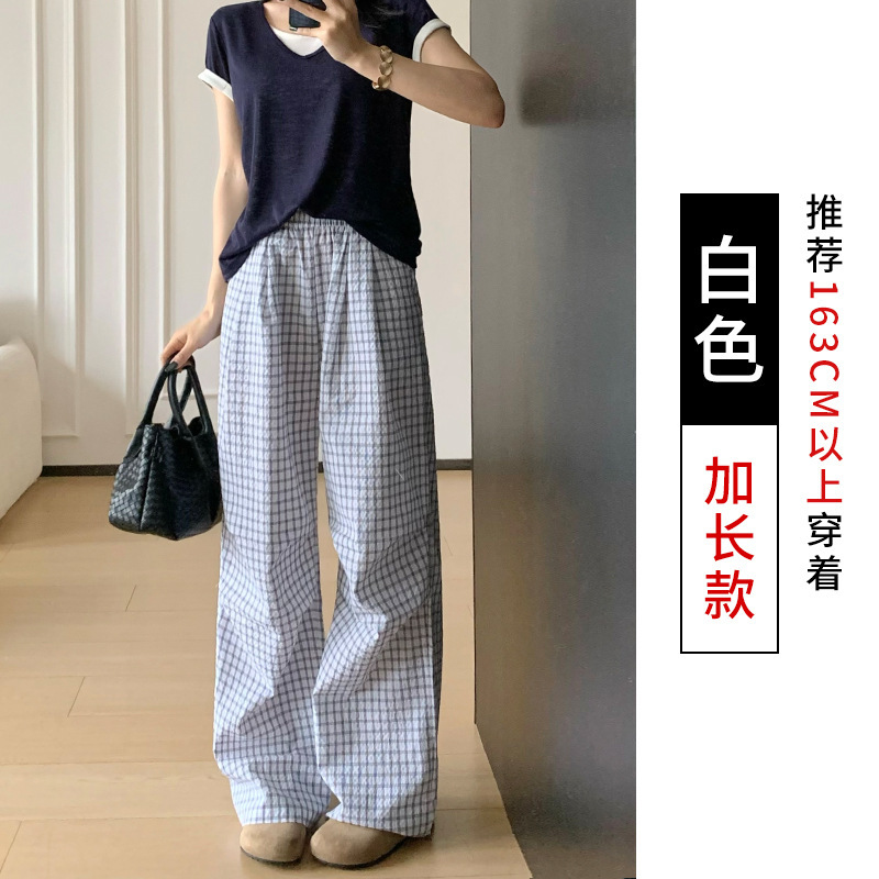 女性用レトロプリーツチェック柄パンツ、夏用薄手、ゆったりとしたカジュアルなフロアレングスパンツ、ゆったりとしたストレートレッグワイドレッグパンツ|undefined