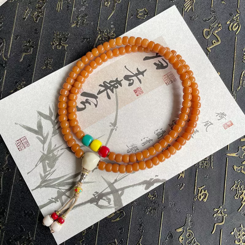 风化菩提手串原生态老料蜜黄色桶珠男女盘玩文玩手链佛珠念珠批发