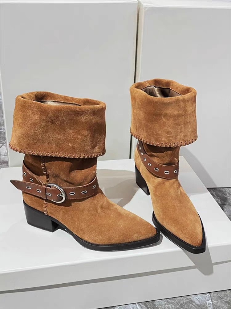 Stivali da equitazione in pelle scamosciata con fibbia, stile western, nuovi arrivi autunno/inverno 2025, larghi, a punta, a metà polpaccio, con tacco spesso, pensati esclusivamente per le donne._voghion.com