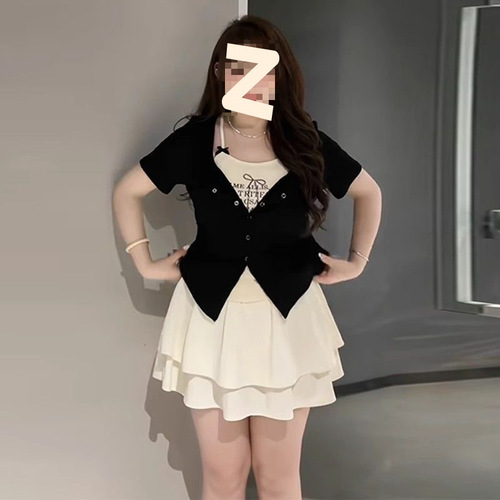 Sweet and Spicy Pure Desire Style Unique Two-Piece Short-Sleeve T-Shirt for Plus-Size Women, Summer Cake Short Skirt Two-Piece Set