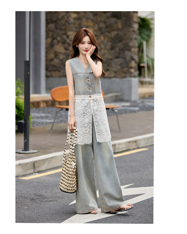 Bộ quần áo denim nữ gồm áo vest không tay và quần ống rộng AH8620 — Màu ảnh chi tiết 12