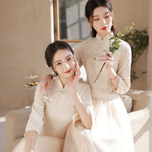 新中式伴娘服2023夏季新款香檳色蕾絲姐妹團畢業禮服女端庄大氣