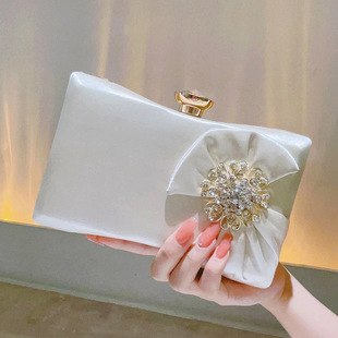 Satin Dress Evening Bag, Elegant Lady Clutch Bag, Diamond-Encrusted Flower Small Bag, Retro Fairy Cross-Body Chain Bag