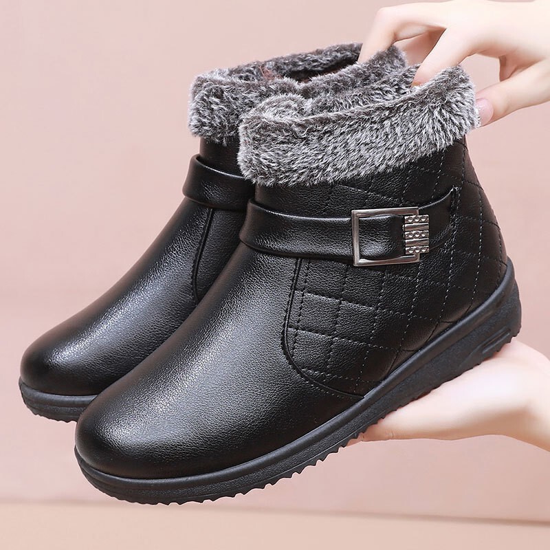 Winter mom shoes cotton shoes fleece-lined warm middle-aged short boots middle-aged and elderly women's shoes elderly flat non-slip leather shoes winter shoes