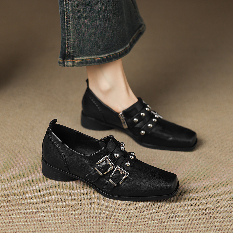 Proud! ~ Retro Square-Toe Studded Buckle Deep Mouth Women's Leather Shoes 2025 Autumn European and American Heavy Craft Light Luxury Single Shoes Proud! ~ Retro Square-Toe Studded Buckle Deep Mouth Women's Leather Shoes 2025 Autumn European and American Heavy Craft Light Luxury Single Shoes