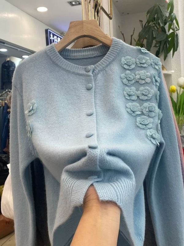 小香风立体花朵长袖针织开衫毛衣外套女2025年秋装独特别致上衣潮|undefined