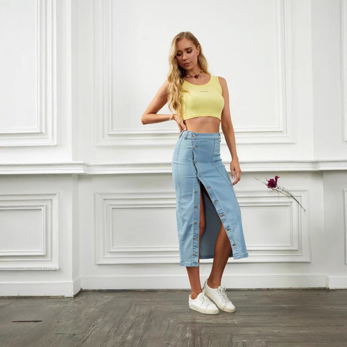 European and American women's multi-button stretch denim long skirt