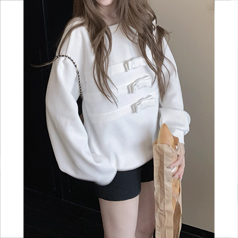 槿一蝴蝶结圆领长袖白色卫衣女2025新款巨好看的无帽短款上衣套头|undefined