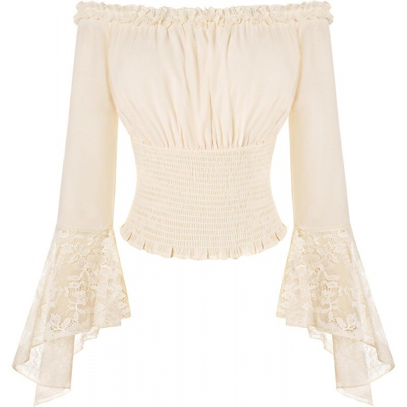 Amazon Cross-Border European and American Lace Off-Shoulder Long-Sleeved Shirt for Women 2026 Spring New Style One-Line Collar Ruffled Top