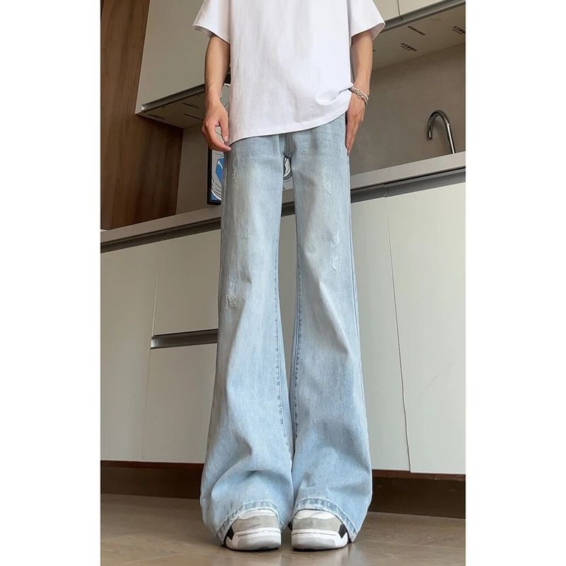 浅蓝色阔腿弯刀牛仔裤男夏季高腰显瘦裤子美式高街vibe修身微喇裤|undefined
