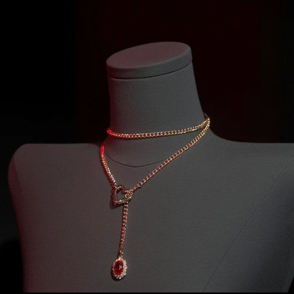 Vintage Layered Cuban Chain Necklace With Red Ruby Heart Pendant_voghion.com