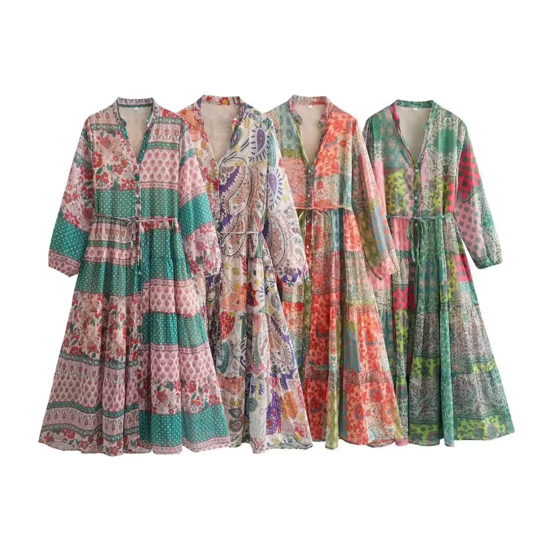 Трансграничная европейская и американская мода AliExpress, популярное платье с v-образным вырезом и длинными рукавами с принтом