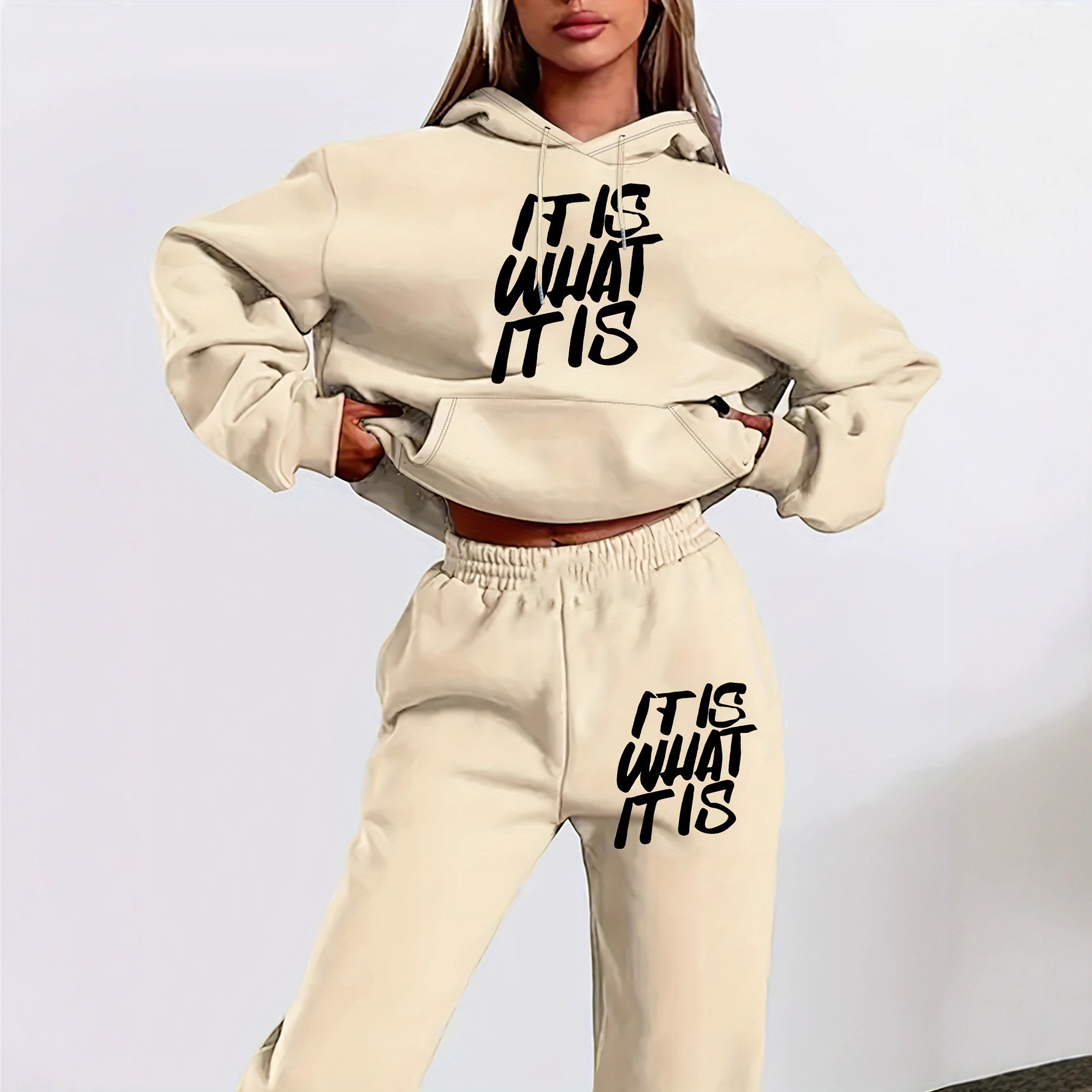 Shein Amazon Best-Selling Letter Print Simple Women's Sweatshirt Suit Autum Long-Sleeved Hooded Sweatshirt