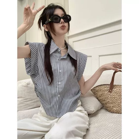 Безрукавная футболка-поло, ретро-летний oversized корейский стиль, узор в полоску, дышащая повседневная