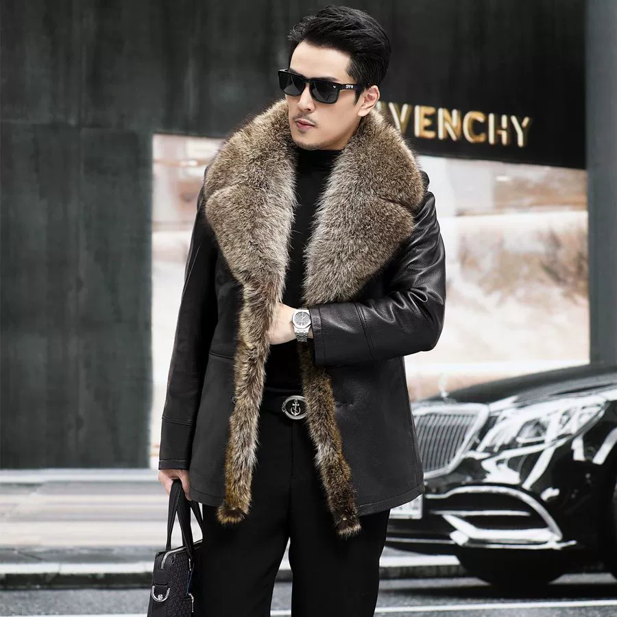 Winter elite leather long warm jacket, genuine leather, mid-length