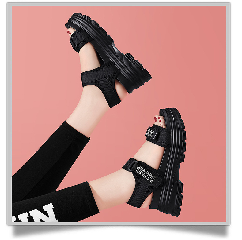 Giày sandal thể thao da thật đế dày nữ gót 4cm quai chữ V khóa dán — JST 1609 cao gót xanh đen 4cm, Đen trắng 2001 LJ, JST 1611 cao gót xanh đen 4cm, 2206 ML màu đen chi tiết 8