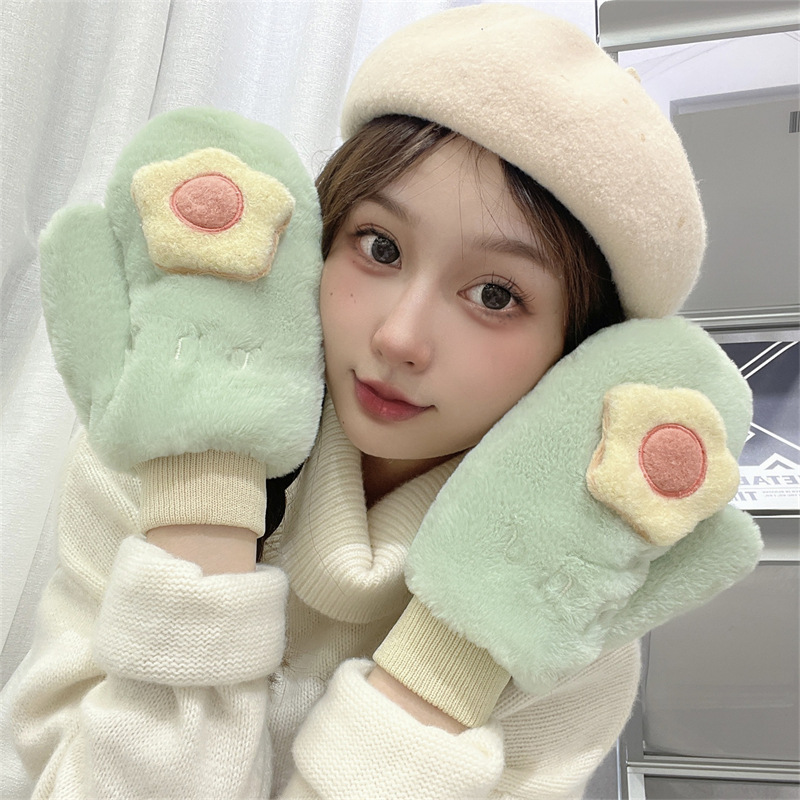 冬季女手套保暖可爱韩版学生卡通花朵防寒加绒加厚棉毛绒挂脖冬天