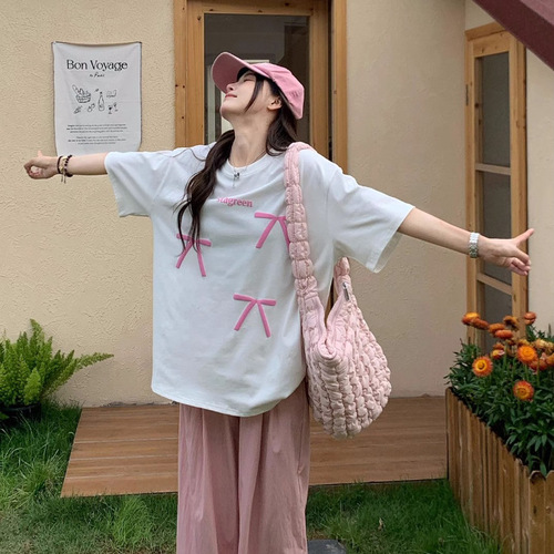 Women's Loose Fit, Slimming Button-Down Short-Sleeve T-Shirt with Ins Korean Cotton Material, Bowknot Letter Print, Fashion Wholesale
