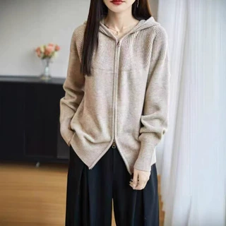 秋冬时尚休闲连帽纯色长袖针织开衫女士新款慵懒宽松双拉链外套女