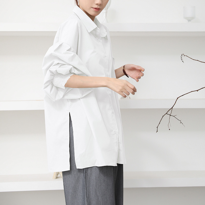 日系秋季新款女装宽松女式衬衫设计感灯笼袖时尚百搭显瘦纯色上衣|undefined