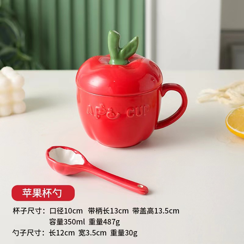 Taza de cerámica con forma de calabaza, manzana y tomate para Nochebuena, con tapa y cuchara, taza de cerámica para el hogar