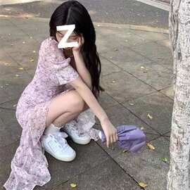 温柔风小碎花连衣裙2024新款春款女装法式小个子收腰泡泡短袖裙子