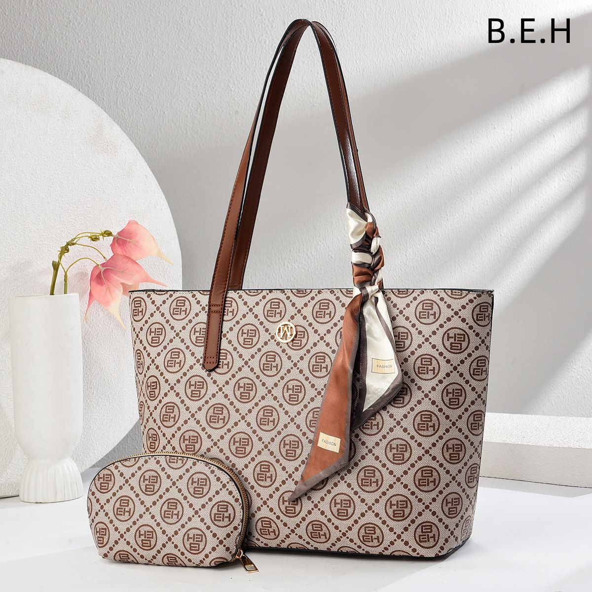 Bolso Tote Grande con Pañuelo de Seda de PU con estampado a cuadros para uso diario