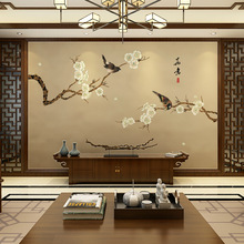 8d现代新中式手绘花鸟墙纸客厅壁画影视墙布梅花电视背景墙3d壁纸