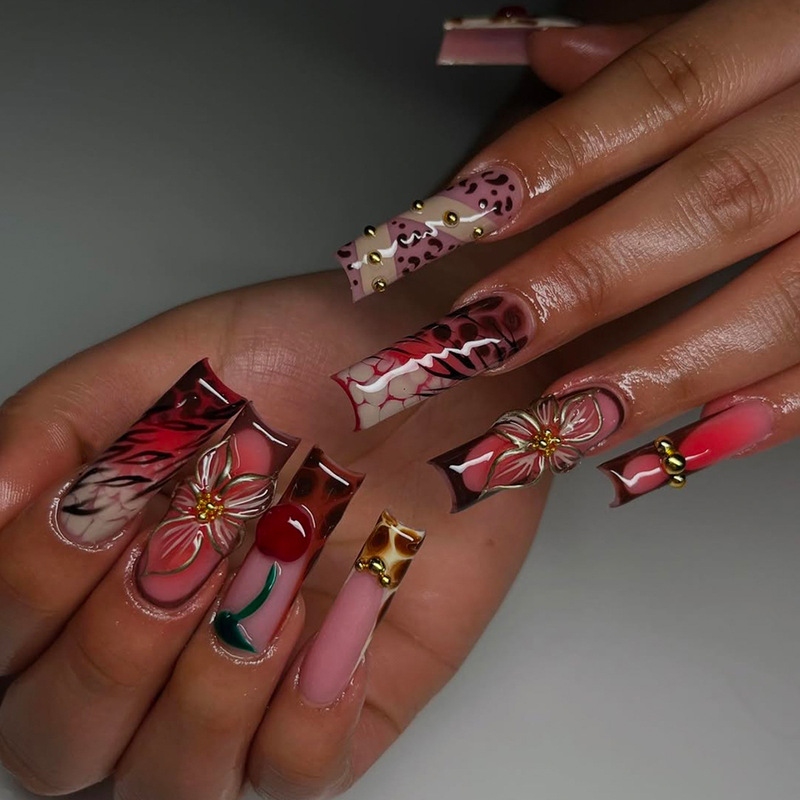 24 Pieces of Cherry Rectangular Nail Tips Leopard Print Dot Glue Three-Dimensional Detachable Nail Tips Cross-Border European and American Fake Nails 24 Pieces of Cherry Rectangular Nail Tips Leopard Print Dot Glue Three-Dimensional Detachable Nail Tips Cross-Border European and American Fake Nails