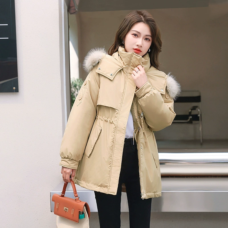 Одежда Parker, Женская куртка средней длины в Корейском стиле, новинка 2023 года, пуховик с хлопковой подкладкой, Женская свободная утепленная куртка с большим шерстяным воротником, модная стеганая куртка