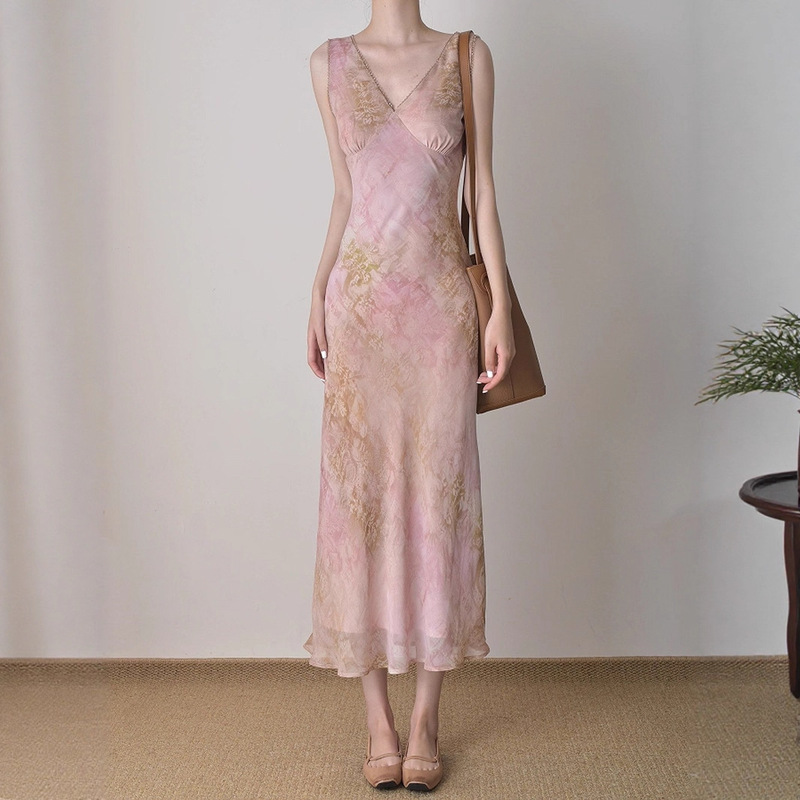 2025 Summer Vacation Style Beautiful Waist-Cinching Long Skirt French Gentle Style Pink Collar Floral Dress for Women