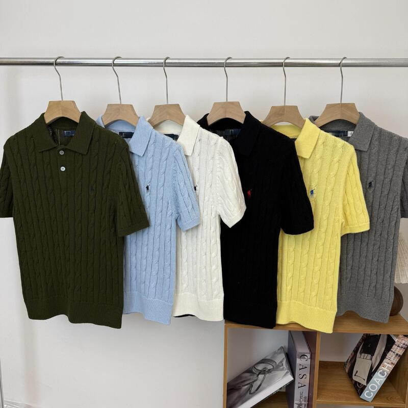 Can Be Scanned for Code/Rl26 Spring/Summer Collection Polo Collar Sweater with Embroidered Warhorse Pattern, Cable Knit, Short-Sleeve Floral Design Can Be Scanned for Code/Rl26 Spring/Summer Collection Polo Collar Sweater with Embroidered Warhorse Pattern, Cable Knit, Short-Sleeve Floral Design
