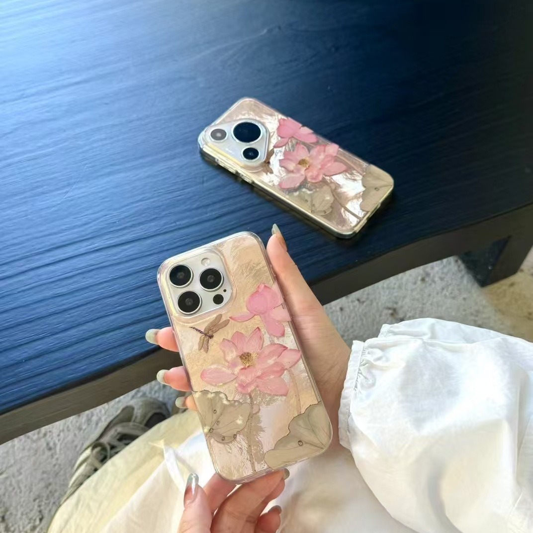 Hermoso estilo nacional buena suerte loto adecuado para 15Pro Max cuerda de mano iPhone14 Apple 13P funda para teléfono móvil 12 doble capa