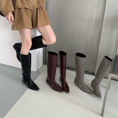百搭气质低跟骑士靴女春秋韩版简约方头套筒高筒坡跟靴子时尚复古