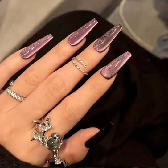 30 Pieces of Press-On Nails for Cross-Border Sales, Popular in Europe and America, Long Ballet Style, Summer Cat-Eye Purple Long Press-On Nails, Wholesale