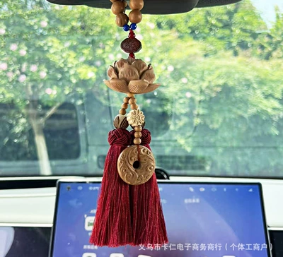 Natural peach wood gourd car Car hanging - peach-wood-lotus-rose-red-double-tassels