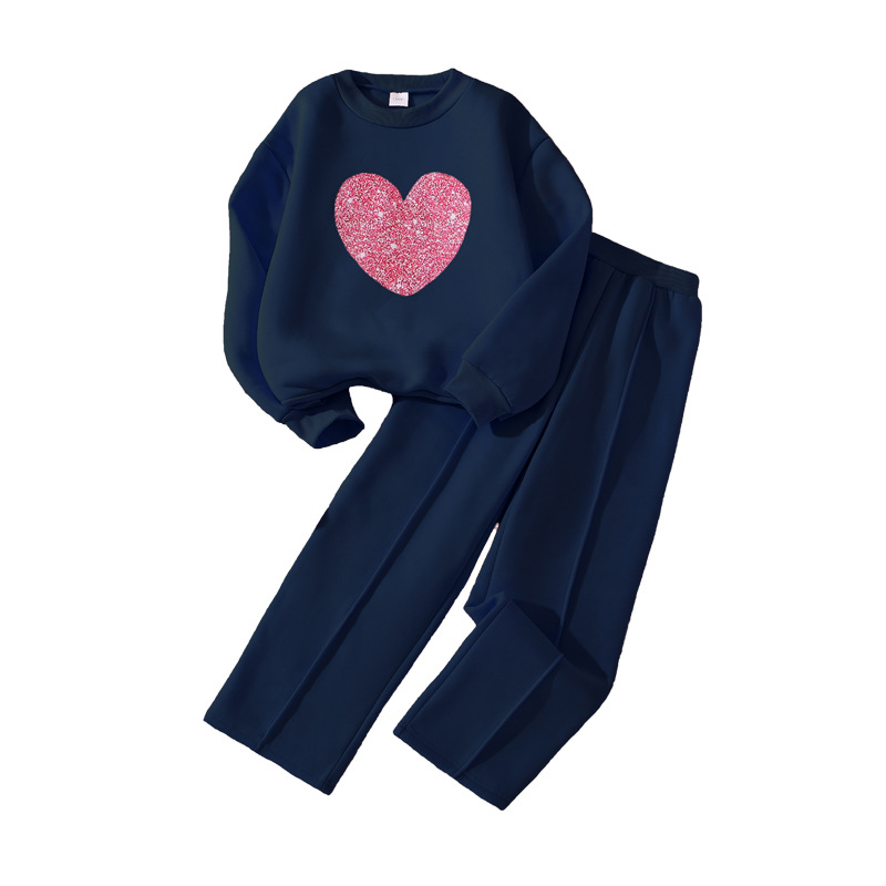 Girls' Heart Shaped Long Sleeved Sweatshirt And Casual Trousers Two Piece Set Medium And Large Sizes For Autumn Winter New Style_voghion.com