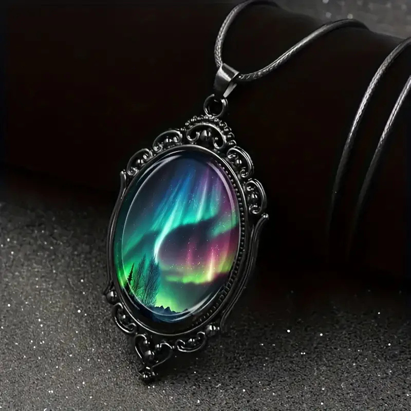 Exquisite Aurora Landscape Pattern Glass Pendant Necklace-Romantic Gift Jewelry with Inlaid Glass Decoration