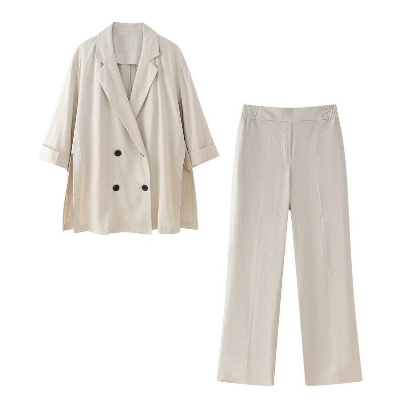 TAOP & ZA New Women's Curl Sleeve Double-breasted Suit Jacket 8372206 Wide Leg Pants 8372106