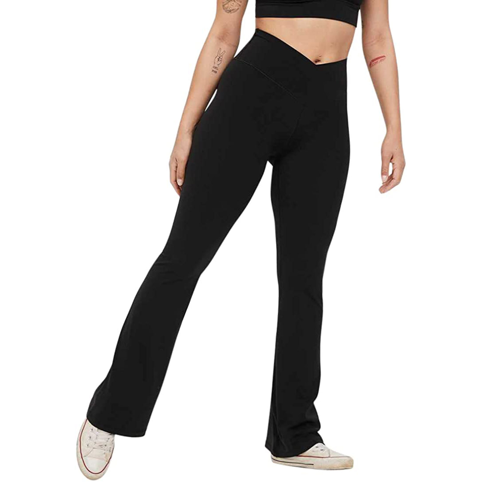 Ropa de mujer Nuevos pantalones de yoga acampanados deportivos casuales con cintura alta en forma de V para mujer XY840 color sólido_voghion.com