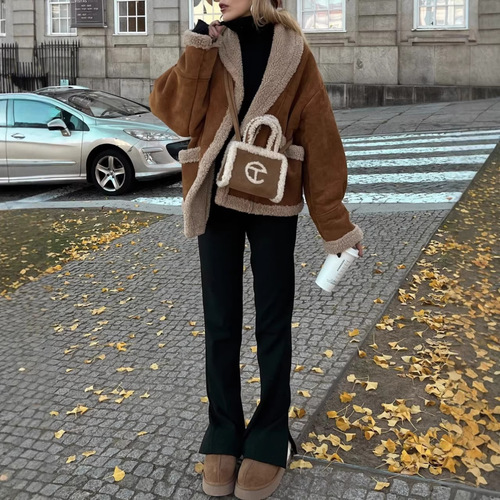 Wholesale cross-border European and American  autumn new vintage suede velvet lambswool coat, single-breasted top.