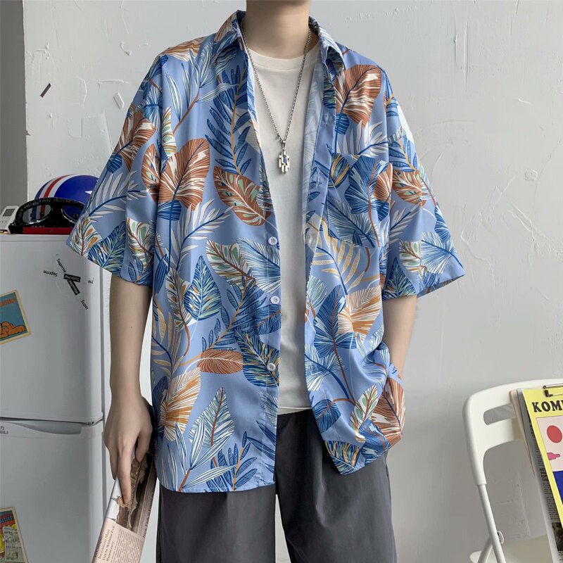 Ulzzang Hawaiian Men's Floral Shirt Hong Kong Style Retro Beach Seaside Floral Couple Floral Shirt Short-Sleeved Men