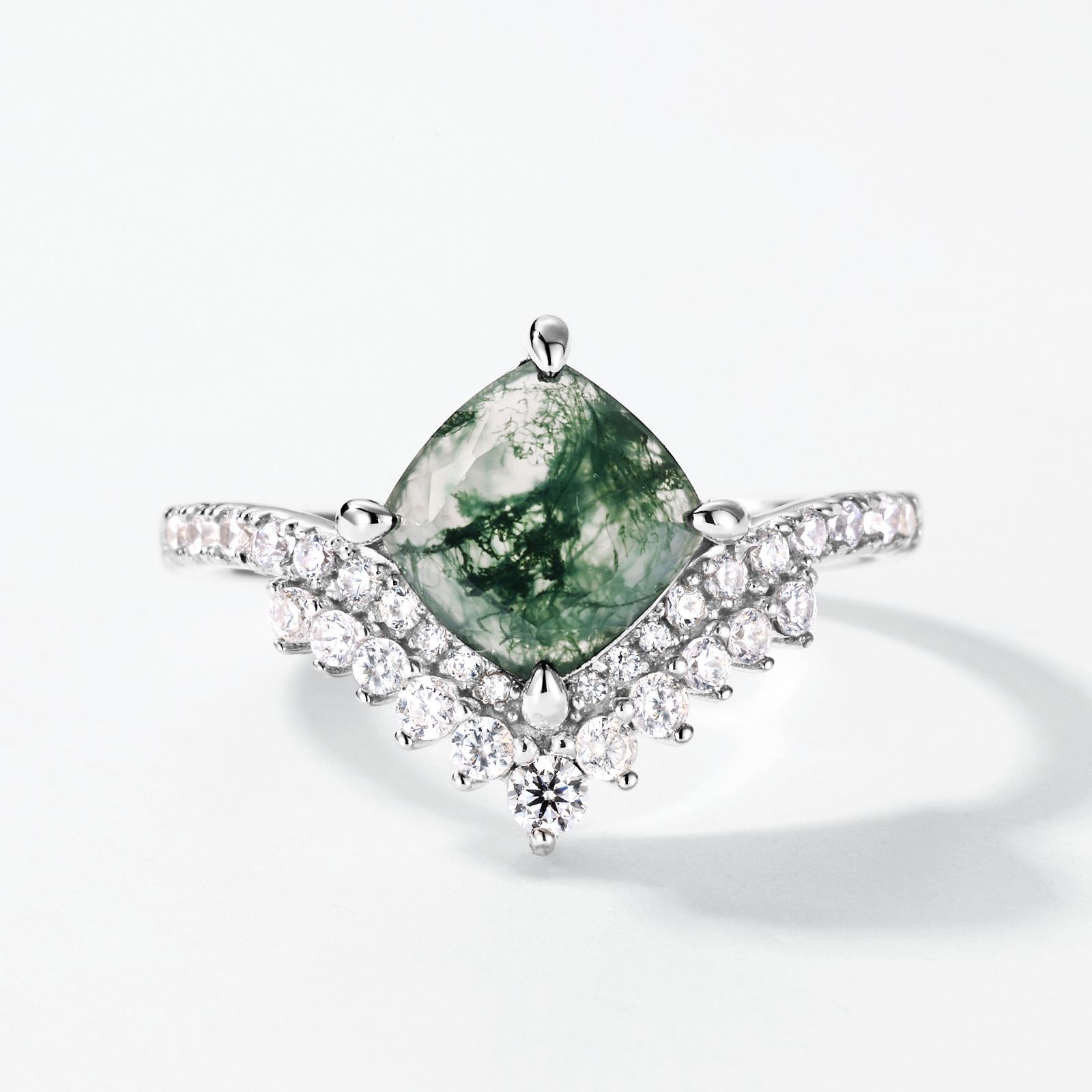 Comercio exterior transfronterizo nueva corona verde natural musgo piedra anillo S925 plata con incrustaciones de agua hierba anillo de ágata personalizado al por mayor