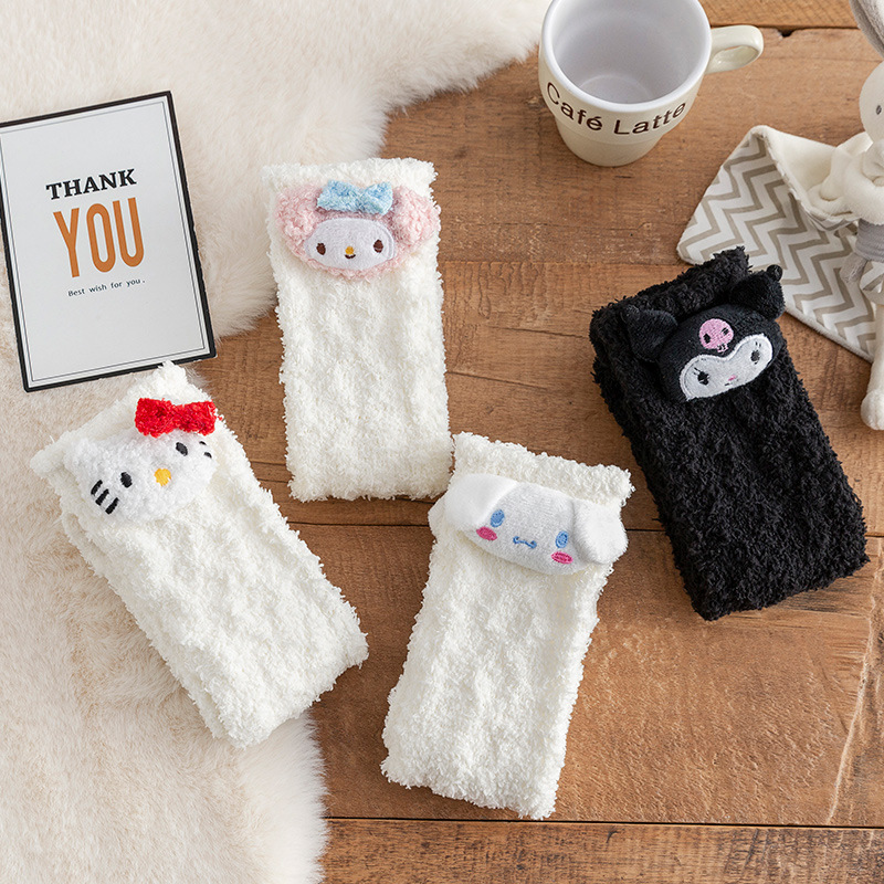 Coral Velvet Black and White Doll Socks Women's Mid-Calf Socks Autumn and Winter Fleece-Lined Thickeneded Home Warm Furry Sleep Socks